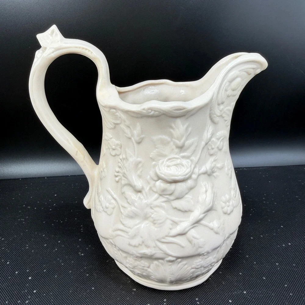 Vintage‎ M Bennett 1974 Embossed Rose Floral Ceramic Pitcher Cream White Signed